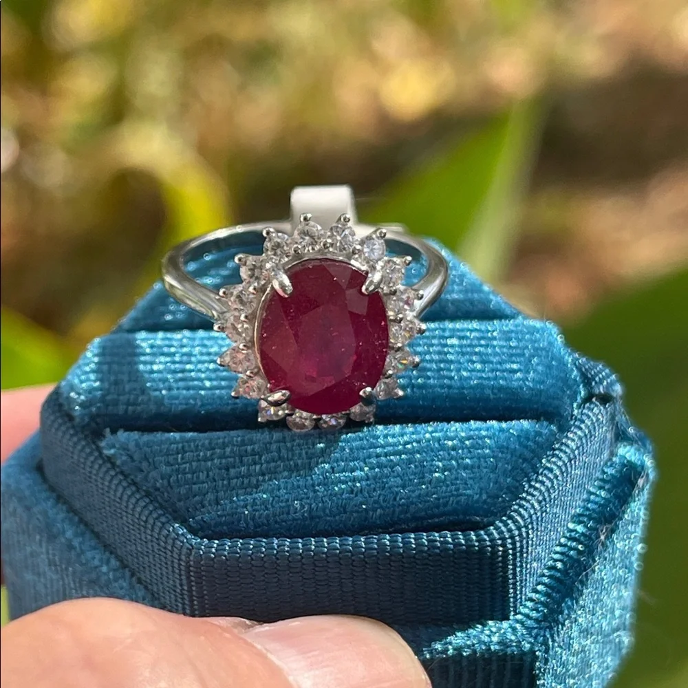 NWT Mozambique Natural Ruby Oval 10.6X8.8mm CZ Accents Ring 925 Silver Size 7.5